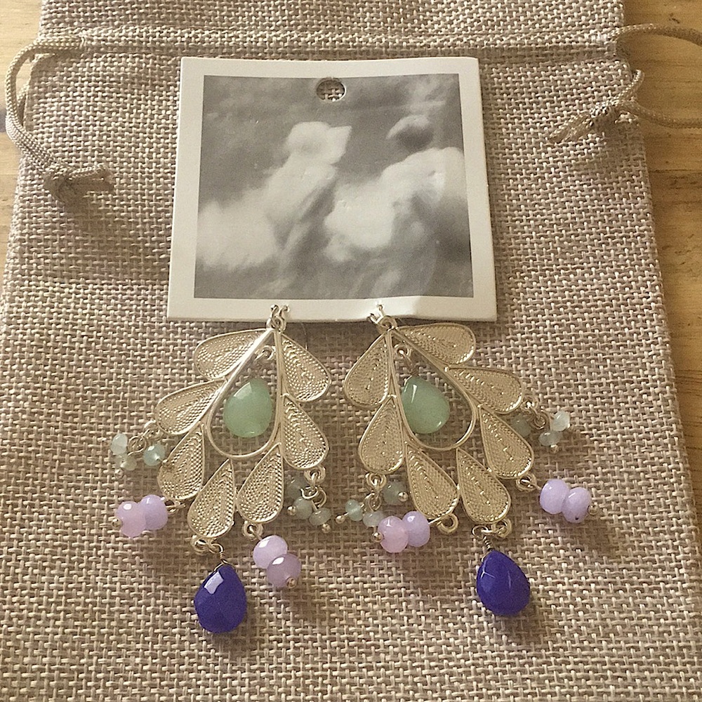 Anthropologie boho earrings light goldtone dangling style green blue lilac beads